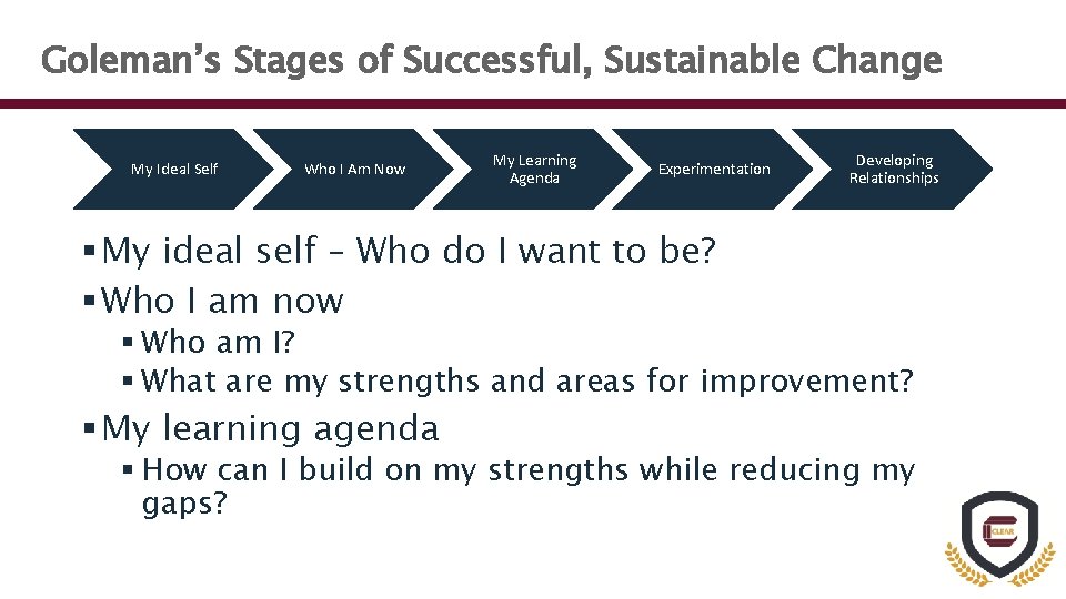 Goleman’s Stages of Successful, Sustainable Change My Ideal Self Who I Am Now My