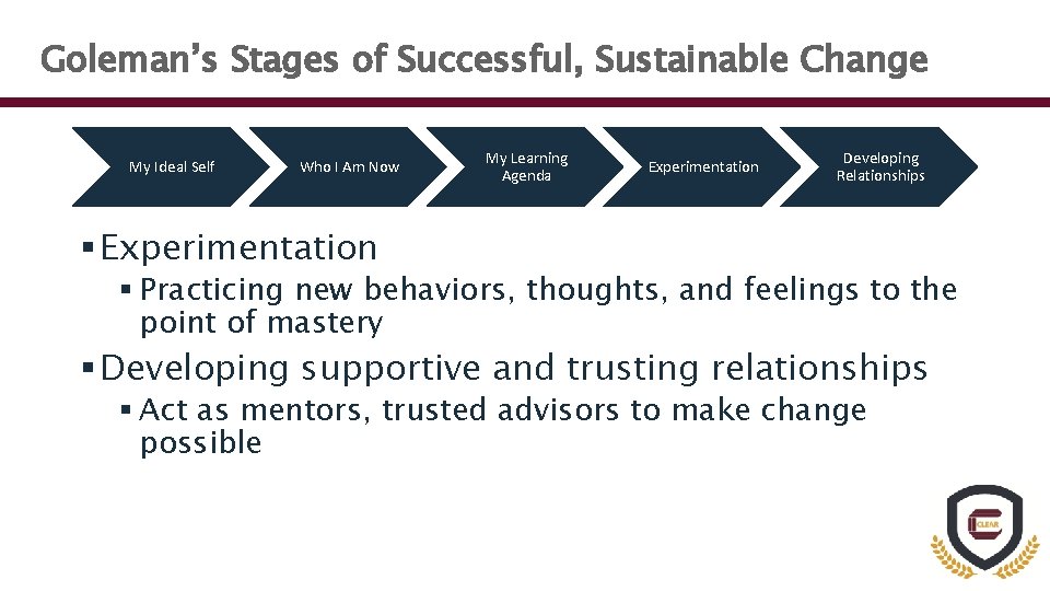 Goleman’s Stages of Successful, Sustainable Change My Ideal Self Who I Am Now My