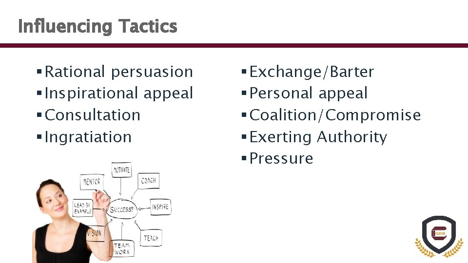 Influencing Tactics § Rational persuasion § Inspirational appeal § Consultation § Ingratiation § Exchange/Barter