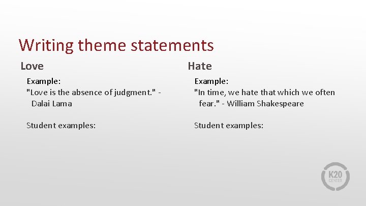 Writing theme statements Love Hate Example: "Love is the absence of judgment. " Dalai