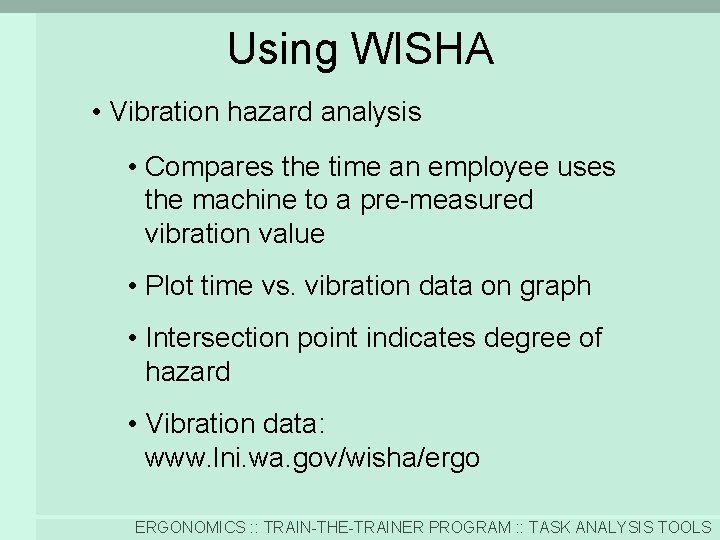 Using WISHA • Vibration hazard analysis • Compares the time an employee uses the
