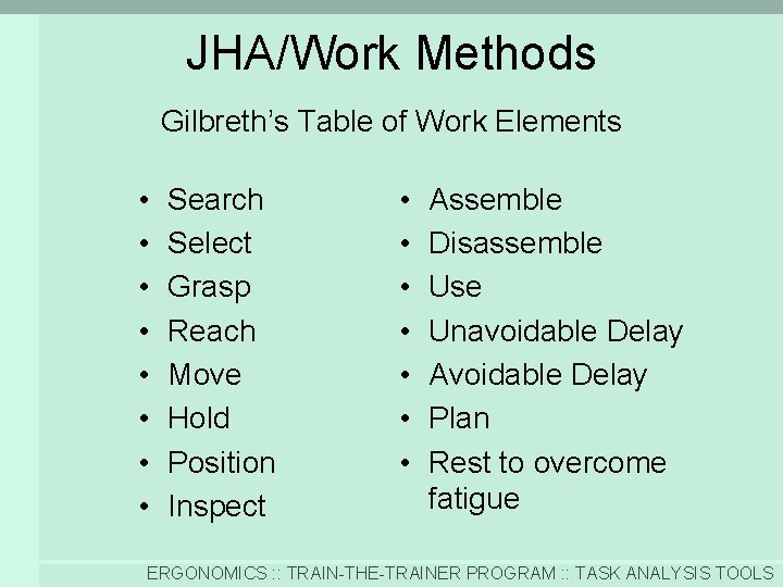 JHA/Work Methods Gilbreth’s Table of Work Elements • • Search Select Grasp Reach Move