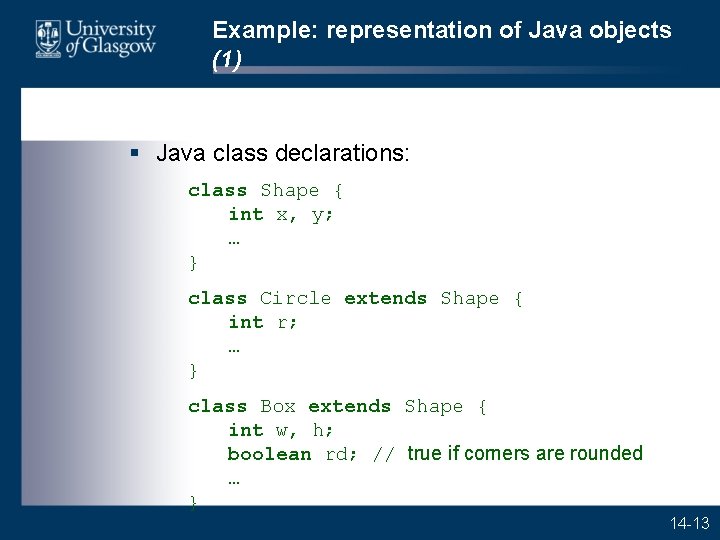 Example: representation of Java objects (1) § Java class declarations: class Shape { int