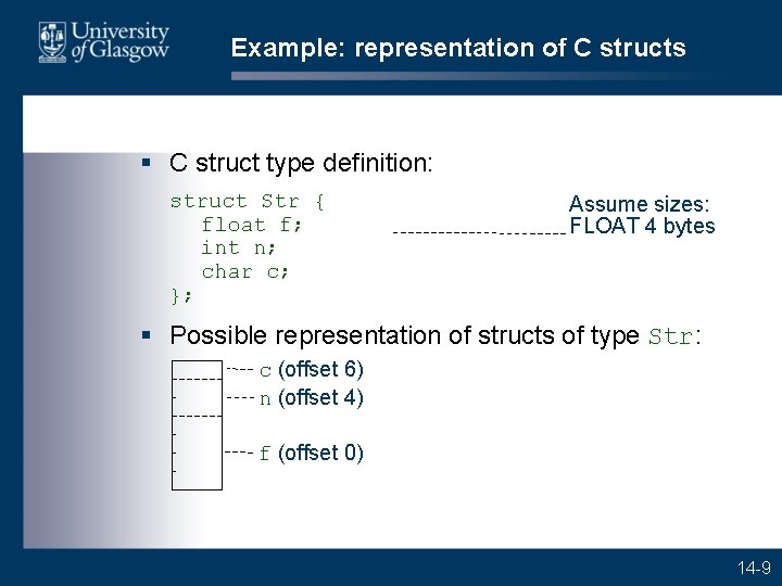 Example: representation of C structs § C struct type definition: struct Str { float