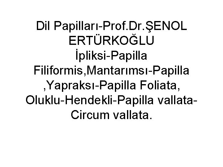 Dil Papilları-Prof. Dr. ŞENOL ERTÜRKOĞLU İpliksi-Papilla Filiformis, Mantarımsı-Papilla , Yapraksı-Papilla Foliata, Oluklu-Hendekli-Papilla vallata. Circum