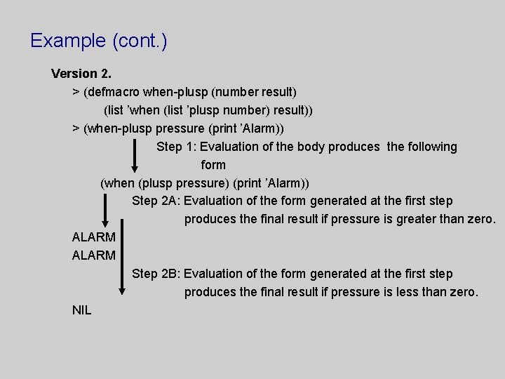 Example (cont. ) Version 2. > (defmacro when-plusp (number result) (list ’when (list ’plusp