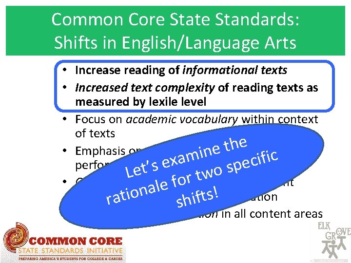 Common Core State Standards: Shifts in English/Language Arts • Increase reading of informational texts