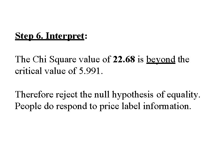 Step 6. Interpret: The Chi Square value of 22. 68 is beyond the critical