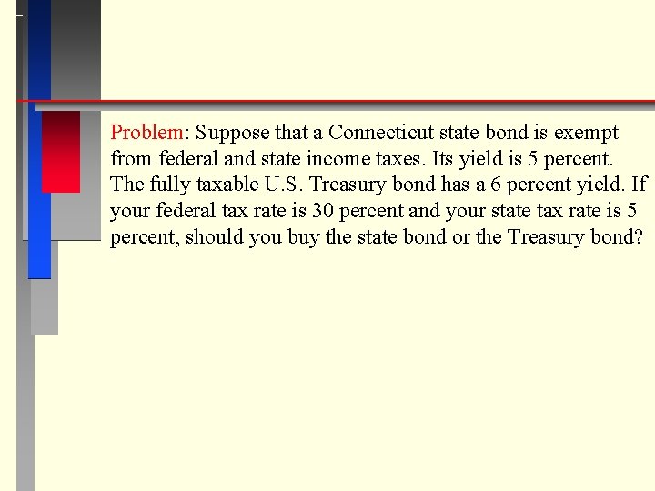 Problem: Suppose that a Connecticut state bond is exempt from federal and state income