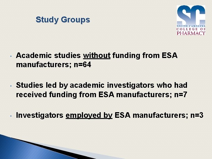 Study Groups • Academic studies without funding from ESA manufacturers; n=64 • Studies led
