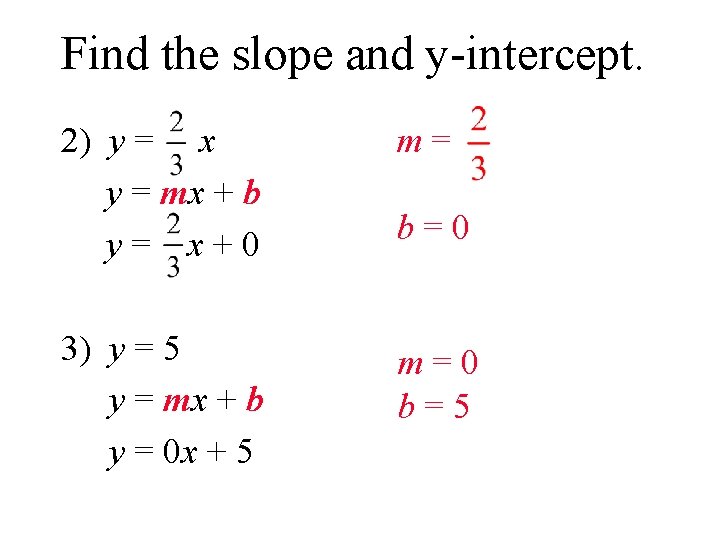 Find the slope and y-intercept. 2) y = x y = mx + b