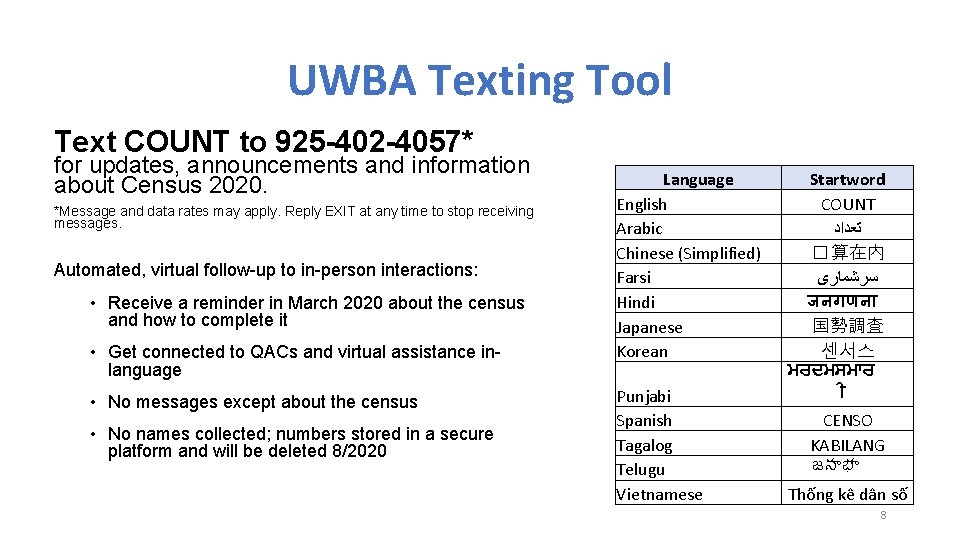 UWBA Texting Tool Text COUNT to 925 -402 -4057* for updates, announcements and information