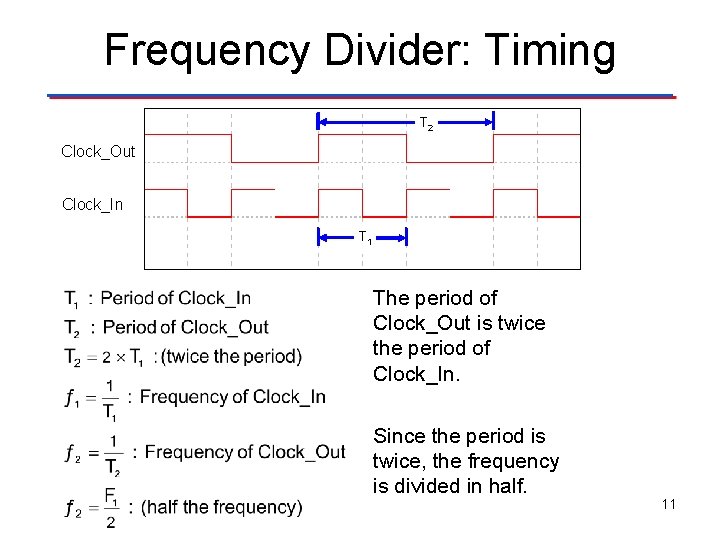 Frequency Divider: Timing T 2 Clock_Out Clock_In T 1 The period of Clock_Out is