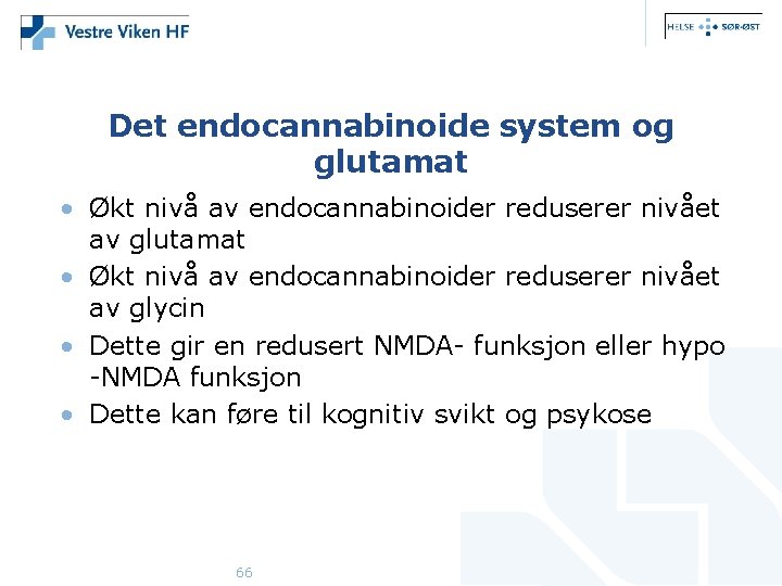 Det endocannabinoide system og glutamat • Økt nivå av endocannabinoider reduserer nivået av glycin