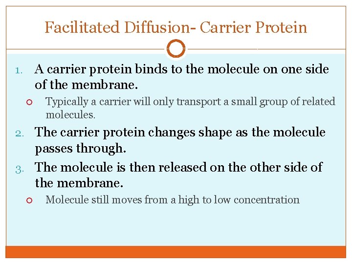 Facilitated Diffusion- Carrier Protein A carrier protein binds to the molecule on one side