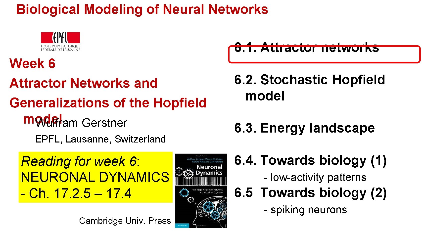 Biological Modeling of Neural Networks 6. 1. Attractor networks Week 6 Attractor Networks and