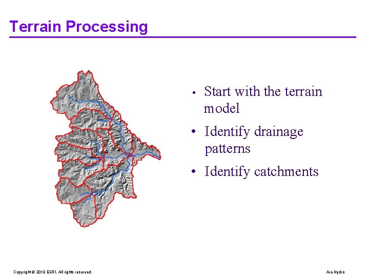 Terrain Processing • Start with the terrain model • Identify drainage patterns • Identify