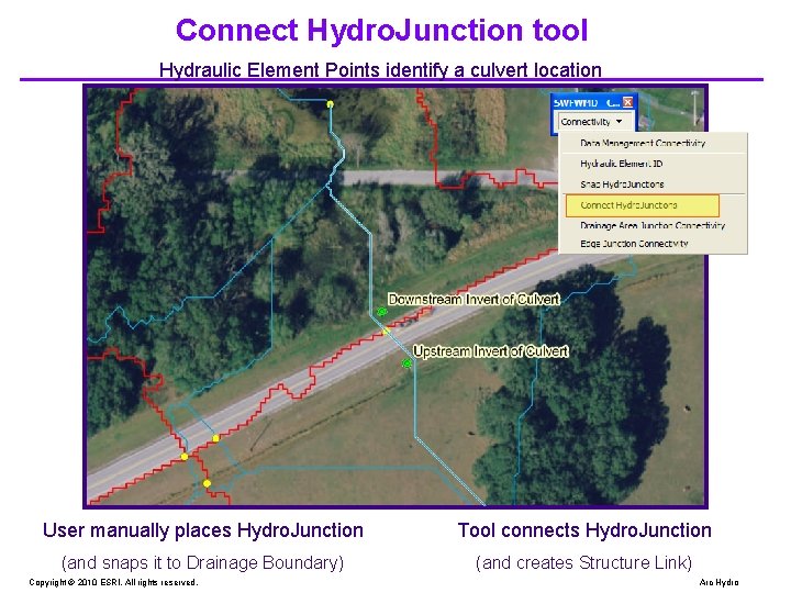 Connect Hydro. Junction tool Hydraulic Element Points identify a culvert location User manually places