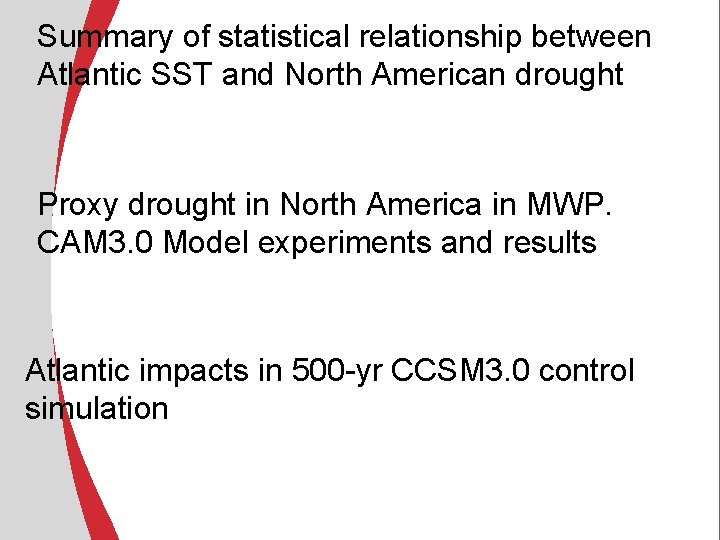 Summary of statistical relationship between Atlantic SST and North American drought Proxy drought in Summary of statistical relationship between Atlantic SST and North American drought Proxy drought in