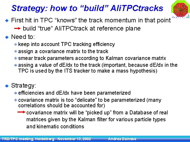Strategy: how to “build” Ali. TPCtracks First hit in TPC “knows” the track momentum