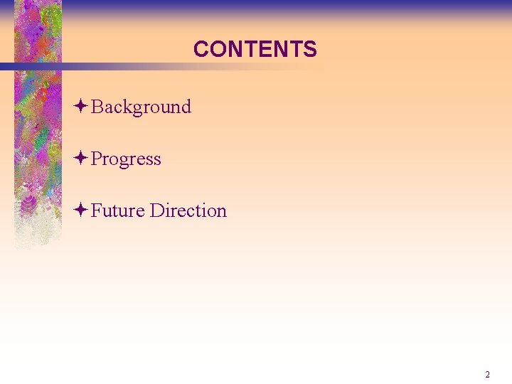 CONTENTS ªBackground ªProgress ªFuture Direction 2 