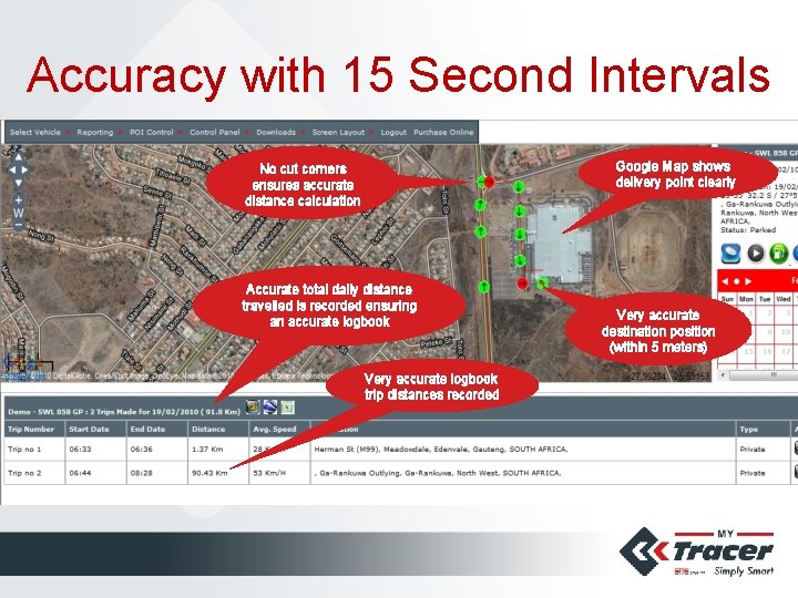 Accuracy with 15 Second Intervals Google Map shows delivery point clearly No cut corners