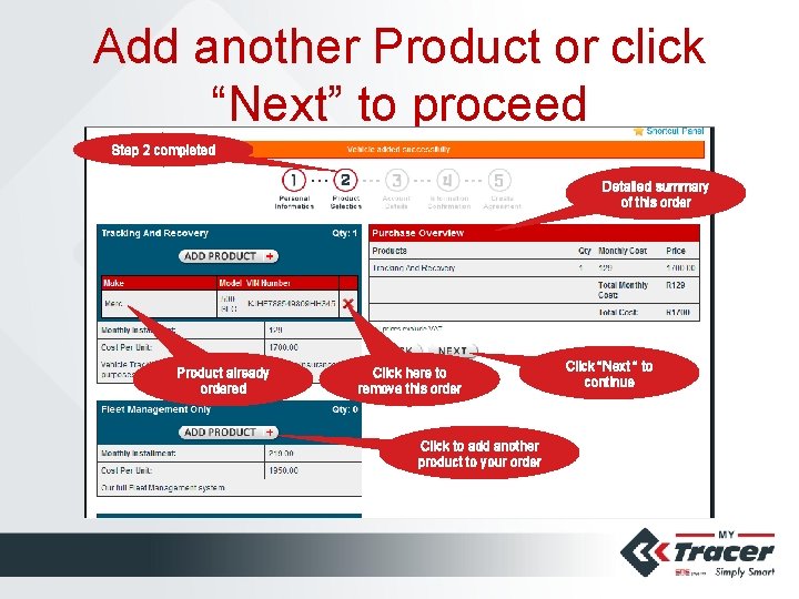 Add another Product or click “Next” to proceed Step 2 completed Detailed summary of