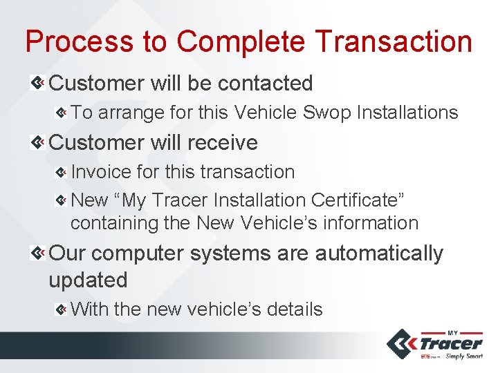 Process to Complete Transaction Customer will be contacted To arrange for this Vehicle Swop