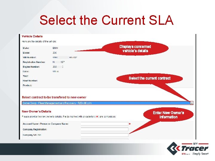 Select the Current SLA Displays concerned vehicle’s details Select the current contract Enter New