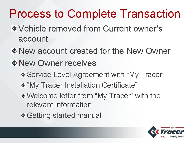 Process to Complete Transaction Vehicle removed from Current owner’s account New account created for