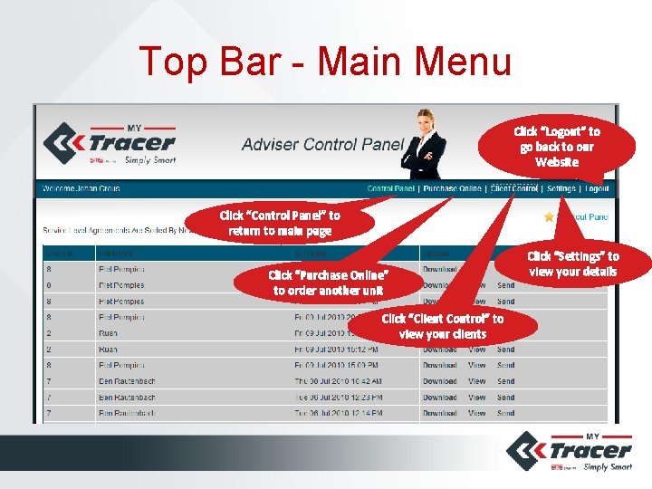 Top Bar - Main Menu Click “Logout” to go back to our Website Click