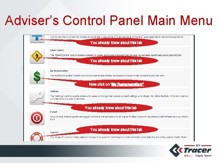 Adviser’s Control Panel Main Menu You already know about this tab Now click on