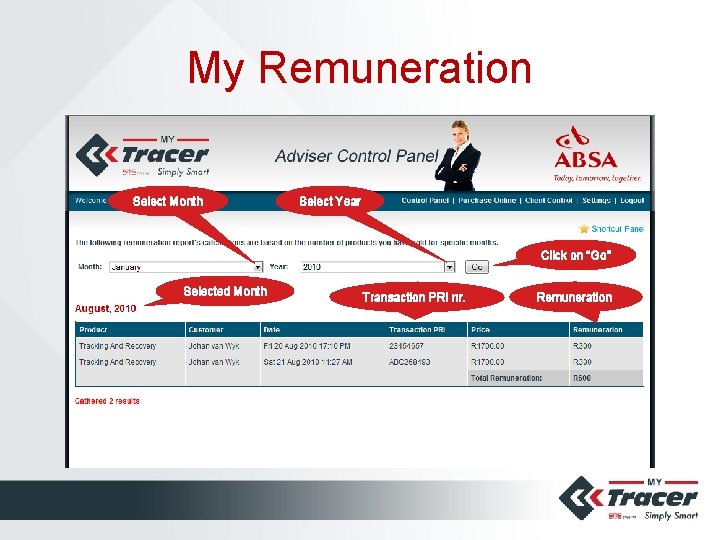 My Remuneration Select Month Select Year Click on “Go” Selected Month Transaction PRI nr.