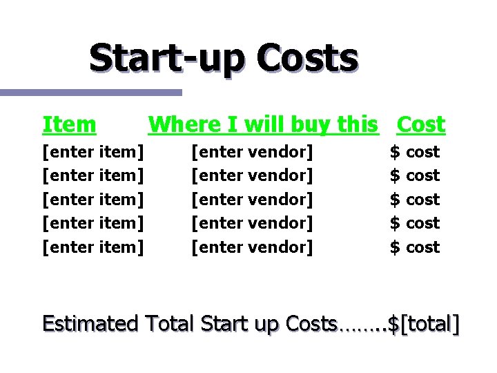 Start-up Costs Item [enter item] [enter item] Where I will buy this Cost [enter