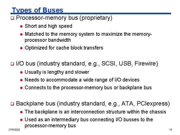 Types of Buses q q q Processor-memory bus (proprietary) l Short and high speed