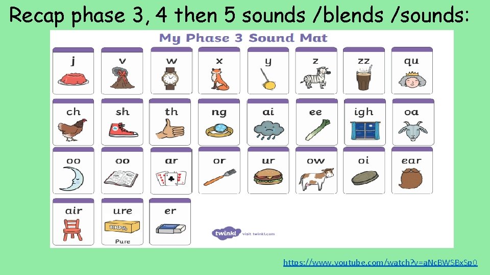 Recap phase 3, 4 then 5 sounds /blends /sounds: https: //www. youtube. com/watch? v=a.