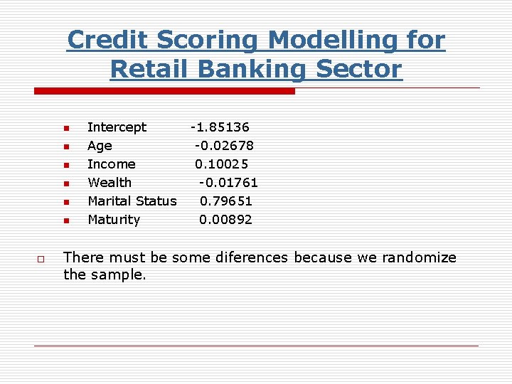 Credit Scoring Modelling for Retail Banking Sector n n n o Intercept Age Income