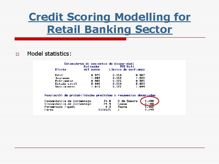 Credit Scoring Modelling for Retail Banking Sector o Model statistics: 