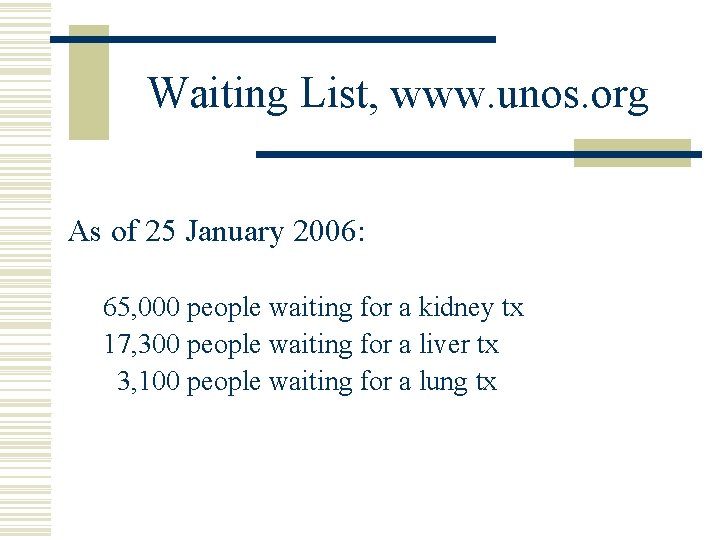 Waiting List, www. unos. org As of 25 January 2006: 65, 000 people waiting