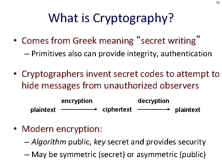 10 What is Cryptography? • Comes from Greek meaning “secret writing” – Primitives also