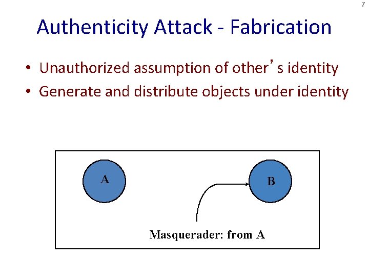 7 Authenticity Attack - Fabrication • Unauthorized assumption of other’s identity • Generate and