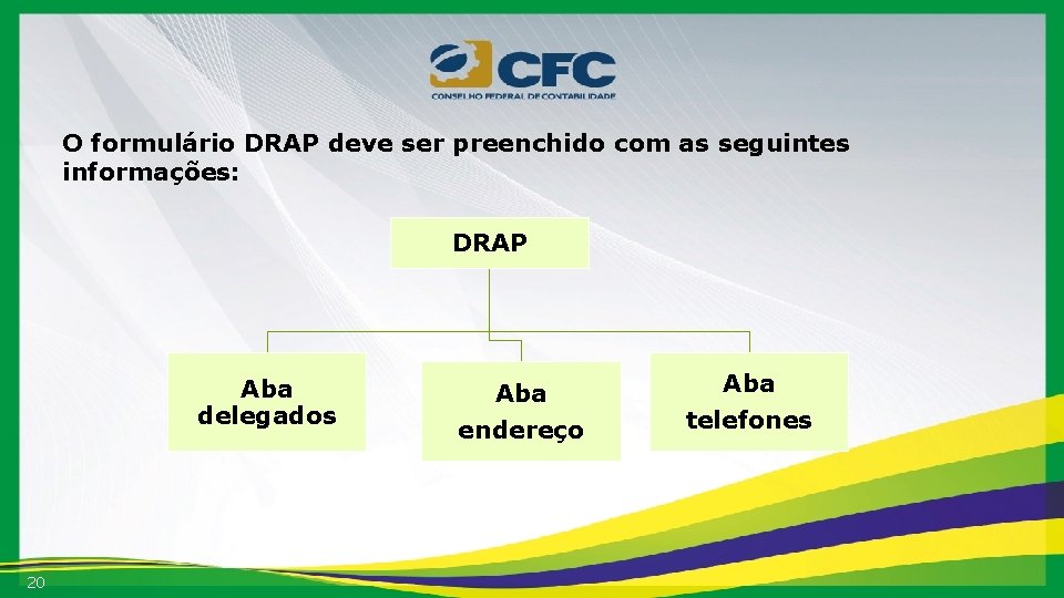 O formulário DRAP deve ser preenchido com as seguintes informações: DRAP Aba delegados 20