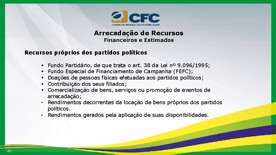 Arrecadação de Recursos Financeiros e Estimados Recursos próprios dos partidos políticos Fundo Partidário, de