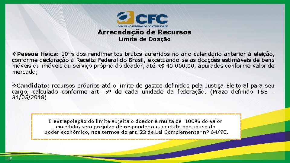 Arrecadação de Recursos Limite de Doação v. Pessoa física: 10% dos rendimentos brutos auferidos