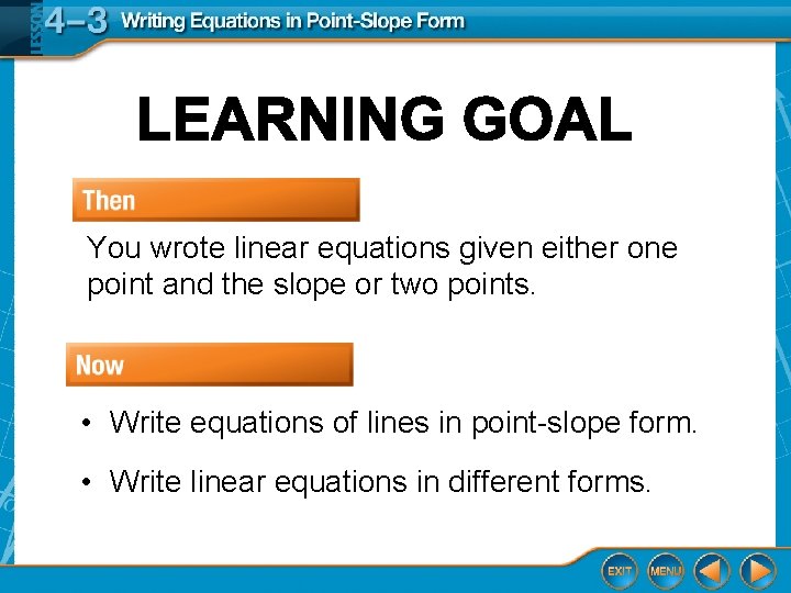 You wrote linear equations given either one point and the slope or two points.