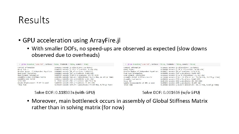 Results • GPU acceleration using Array. Fire. jl • With smaller DOFs, no speed-ups