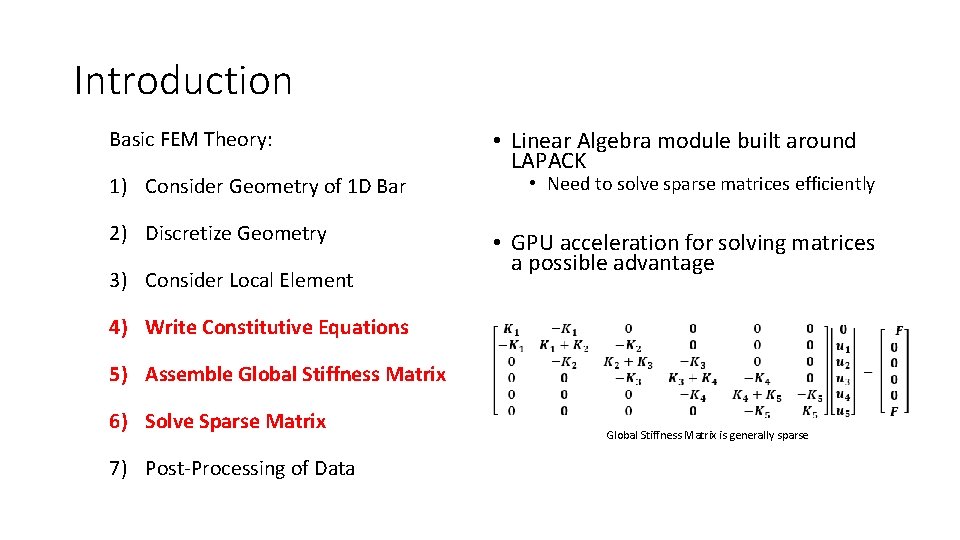 Introduction Basic FEM Theory: 1) Consider Geometry of 1 D Bar 2) Discretize Geometry
