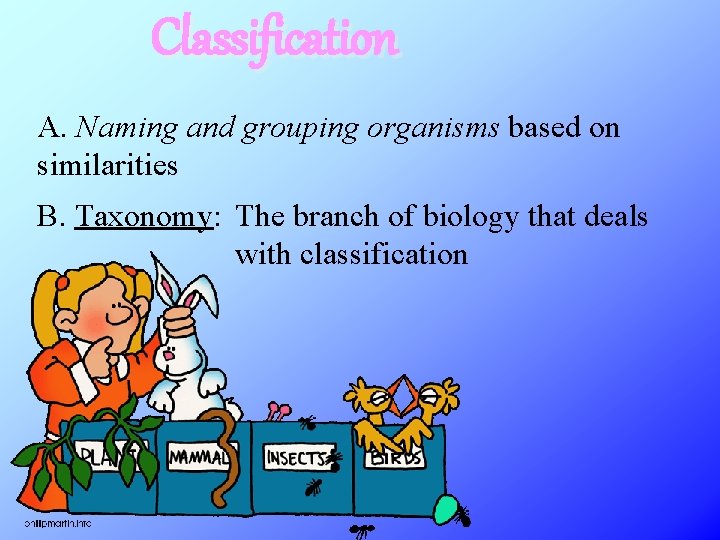 Classification A. Naming and grouping organisms based on similarities B. Taxonomy: The branch of