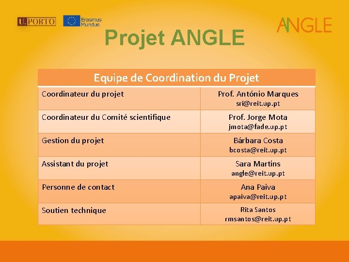 Projet ANGLE Equipe de Coordination du Projet Coordinateur du projet Coordinateur du Comité scientifique