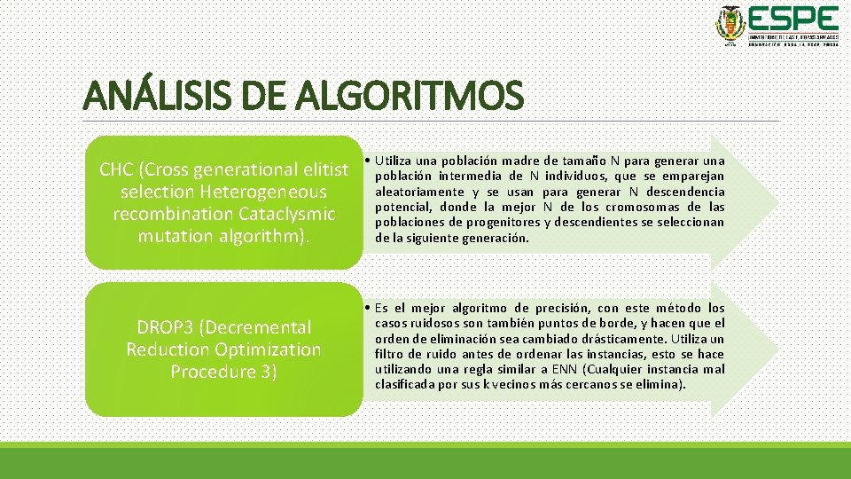 ANÁLISIS DE ALGORITMOS CHC (Cross generational elitist selection Heterogeneous recombination Cataclysmic mutation algorithm). •